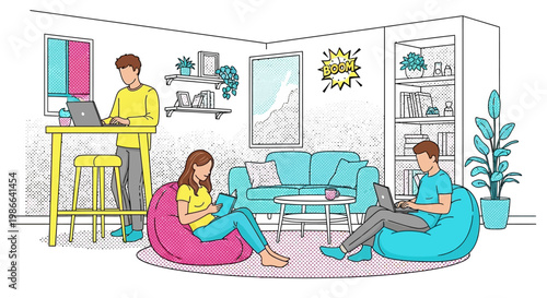 Young adults working and relaxing in a modern living room.