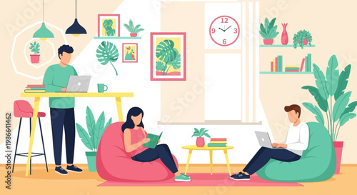 Young adults working and relaxing in a modern living room.