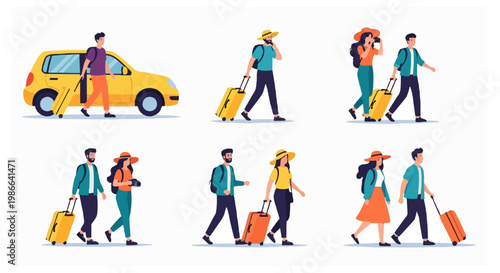 A series of flat vector cartoon illustrations depicting travelers walking with wheeled suitcases and backpacks near a small yellow car on a white background.