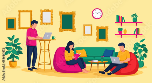 Young adults working and studying in a cozy living room environment.