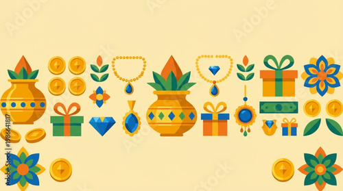 Colorful flat lay of various gifts and jewelry on a pale yellow background with decorative elements