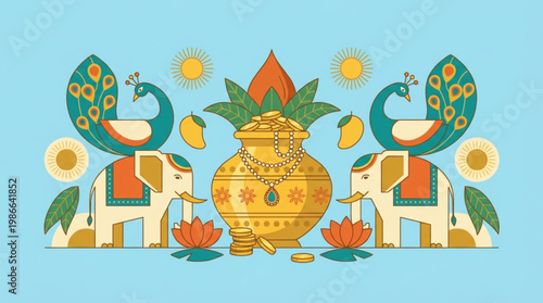A vibrant illustration of two peacocks flanking a golden urn with elephants and lotus flowers on a light blue background
