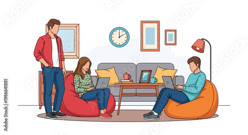 Young adults working on laptops in a cozy living room setting.