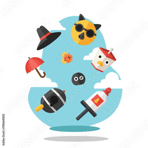 A broken globe with cartoon objects floating around