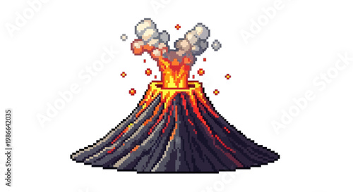 Pixel Art Volcano Erupting With Lava and Smoke.