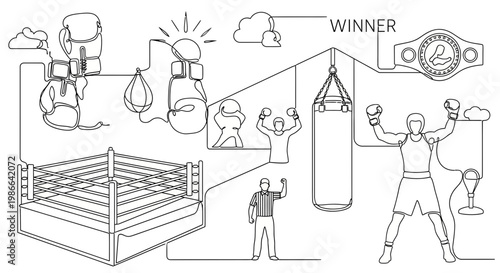 Boxing Champion Victory Collage: Ring, Gloves, Punching Bag, Referee, Winner