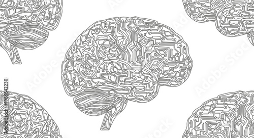 Digital Brain Circuitry Pattern on White Background