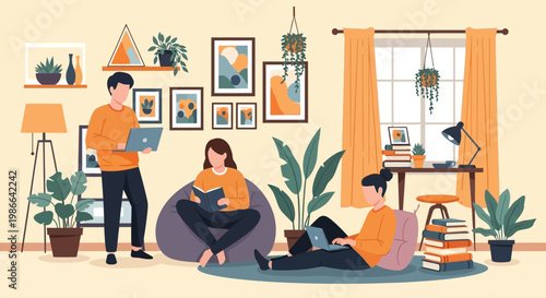 Three people relaxing and studying in a cozy living room.