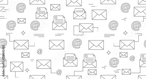 Email communication pattern, envelopes, @ symbol, messages, digital correspondence