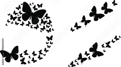 Black butterfly silhouette swarms and flying trail vector illustration set isolated on white background for decorative spring and nature design
