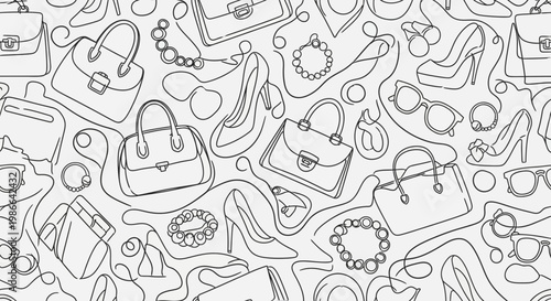 Fashion Accessories Pattern: Handbags, High Heels, Jewelry, Sunglasses - Sketch Style