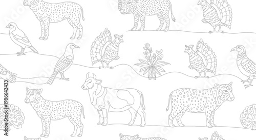 Farm Animal Illustration Seamless Pattern - Line Art