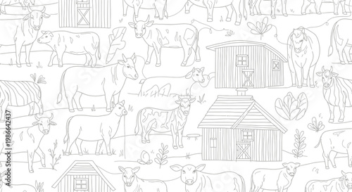 Farm animals and barns seamless pattern, hand-drawn line art illustration