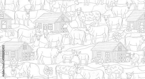 Farm Livestock Seamless Pattern: Cows, Calves, and Barns in Rural Landscape