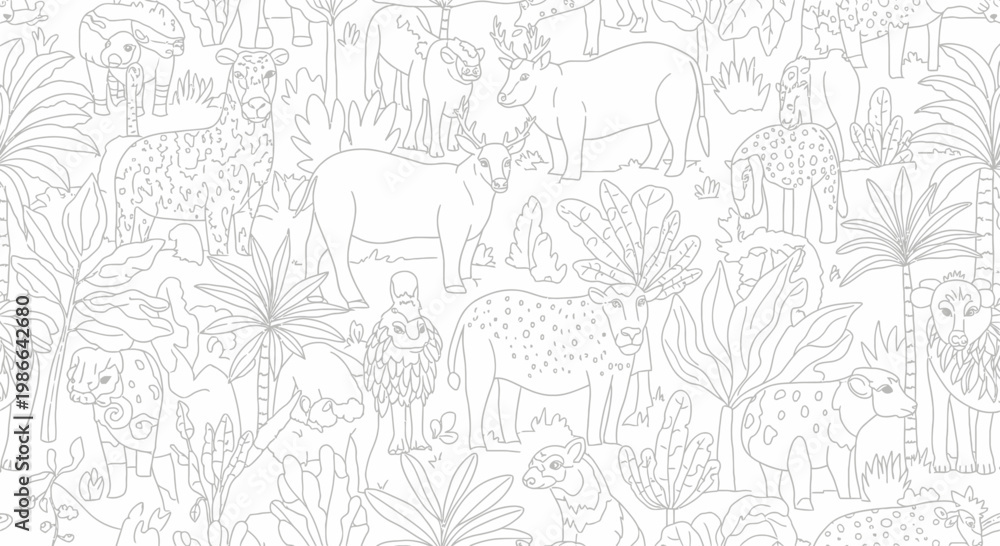 Obraz premium Jungle Animals Line Art Seamless Pattern: Coloring Page Background