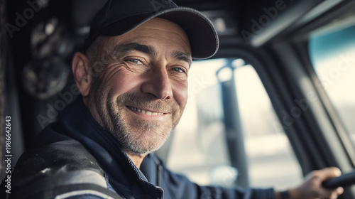 Happy truck driver smiles confidently in cab.