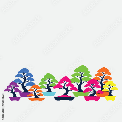 Colorful bonsai trees in various pots
