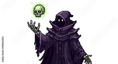 Pixel Art Grim Reaper Holding a Glowing Skull.