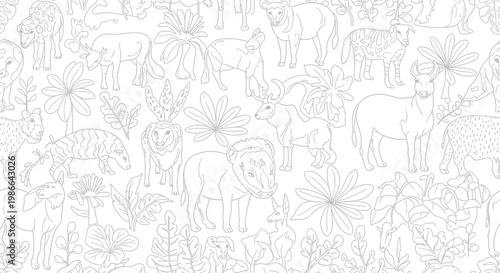 Photography Seamless Animal and Plant Pattern, Sketch Style, Black and White