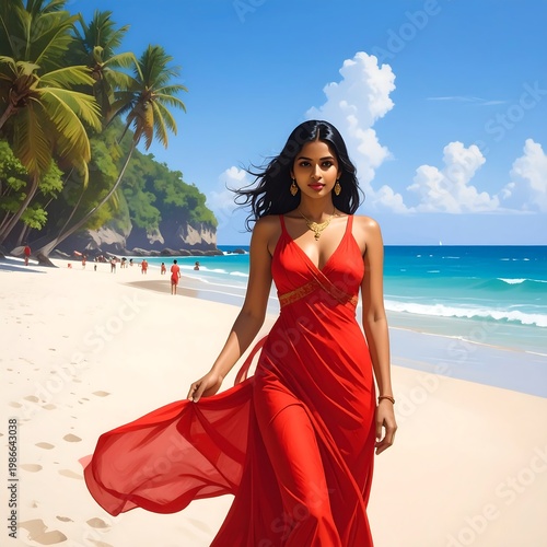 A woman in a flowing red dress walks along a tropical beach