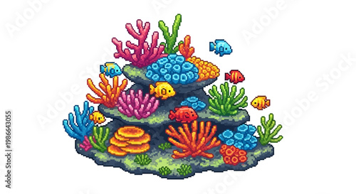 Vibrant Coral Reef Ecosystem with Small Fish Swimming.