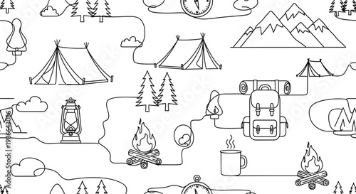 Seamless Camping Adventure Pattern: Tents, Mountains, Campfire, Backpack, Compass