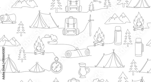 Seamless Camping Pattern: Tents, Backpacks, Campfires, Mountains, Compass