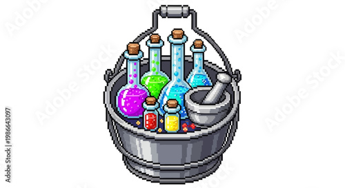 Pixel Art Potion Bucket With Mortar And Pestle.
