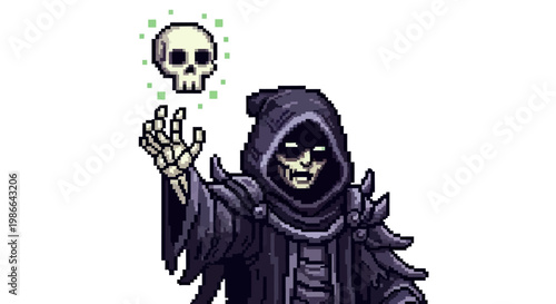 Pixel Art Grim Reaper Holding a Skull in Hand.