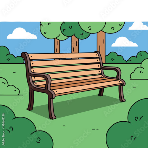 A brown wooden park bench on green grass with trees