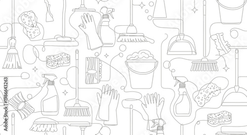 Seamless Pattern of Cleaning Supplies - Outline Vector Art