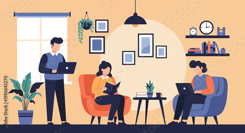 Three people working and reading in a cozy living room setting.