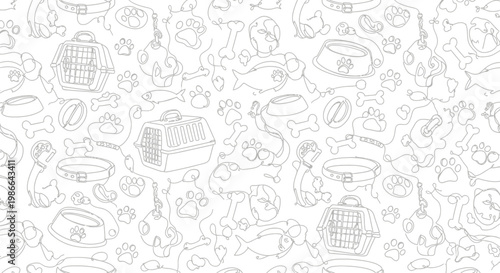Seamless Pattern of Pet Accessories and Animal Icons - Line Art