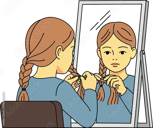 Girl braiding hair in front of mirror
