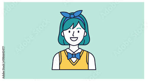 A girl with teal hair wearing a blue bow headband and a yellow school uniform smiles brightly against a light teal colored background.