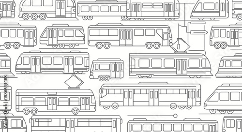 Fotografi Seamless pattern of urban trams and trains, line art illustration