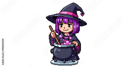 Pixel Art Witch Stirring Potion in Cauldron.