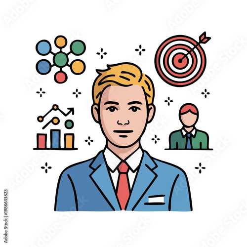 Businessman with target and data analysis illustrations around him