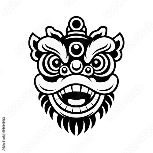 Black and white lion dance head illustration design