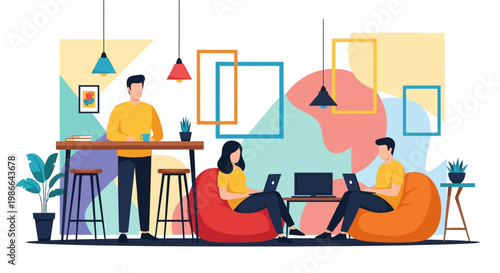 Young professionals collaborating in a modern coworking space.