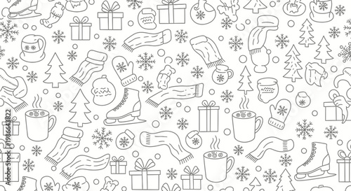 Winter Pattern: Gifts, Scarves, Mittens, Hot Drinks, Snowflakes & Skates - Line Art