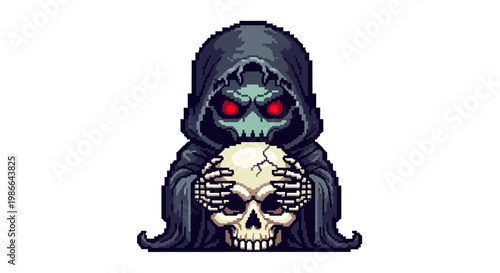 Pixel Art Grim Reaper Holding Skull Icon.