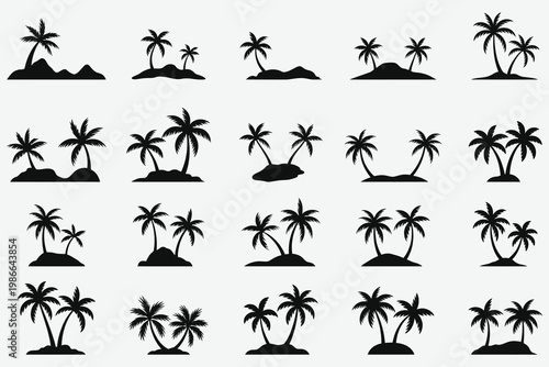 A collection of black silhouettes of palm trees on white background isolated on white background, Vector