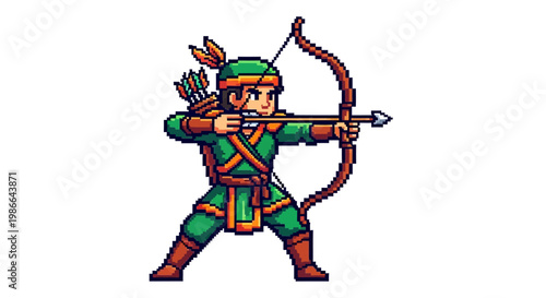 Pixel Art Archer Character Ready to Shoot Arrow.
