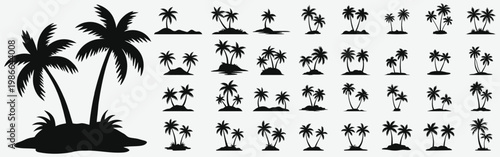 A collection of black palm tree silhouettes on a white background isolated on white background, Vector