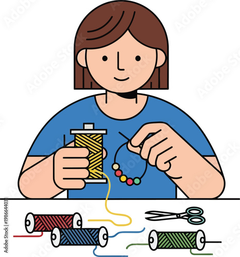 Person making jewelry with colorful beads and thread, crafting hobby