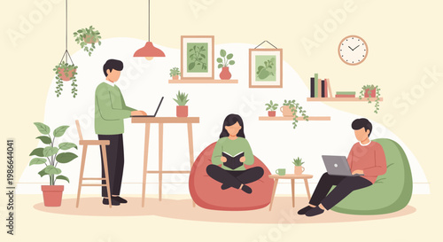 Three people working and relaxing in a cozy indoor space.