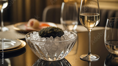 A luxurious table setting with caviar and a glass of white wine