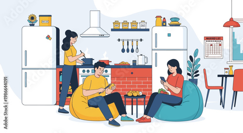 Young people relaxing and using smartphones in a cozy kitchen.
