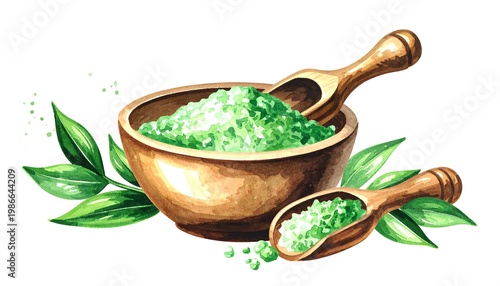 A copper bowl and scoop filled with green salt, surrounded by leaves